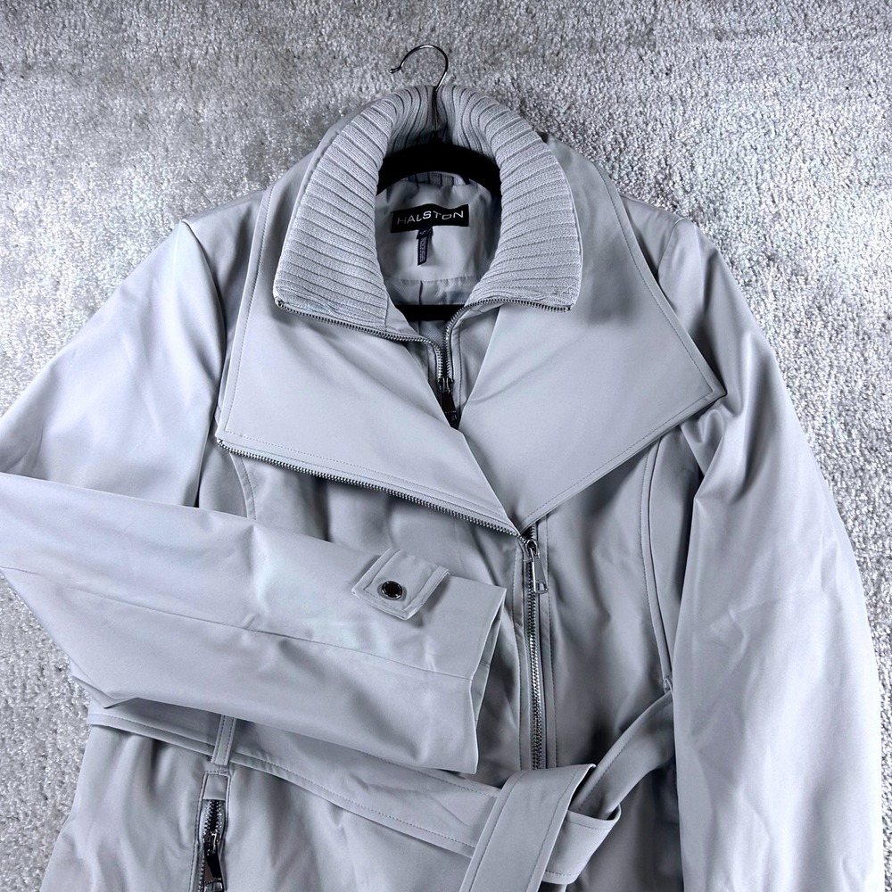 Halston Womens Gray Asymmetrical Zip Belted Trench Coat Jacket Size L 1888906